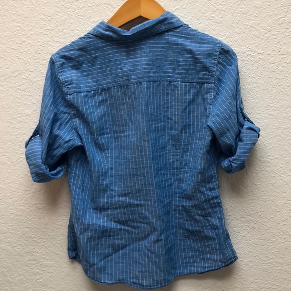 Talbots roll-up sleeve blue striped button-up top - Picture 3 of 7